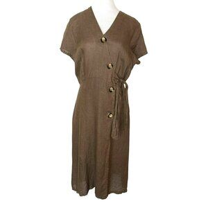 Alessia Pacini Olive Green Linen Midi Wrap Dress W/ Button Detail Size S